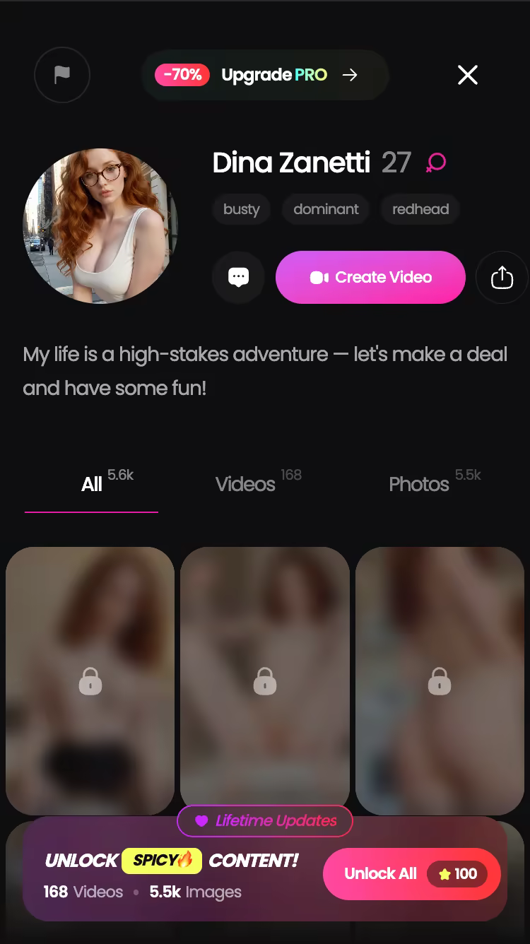GoLove.ai character profile with her video and photo library — realistic ai porn videos