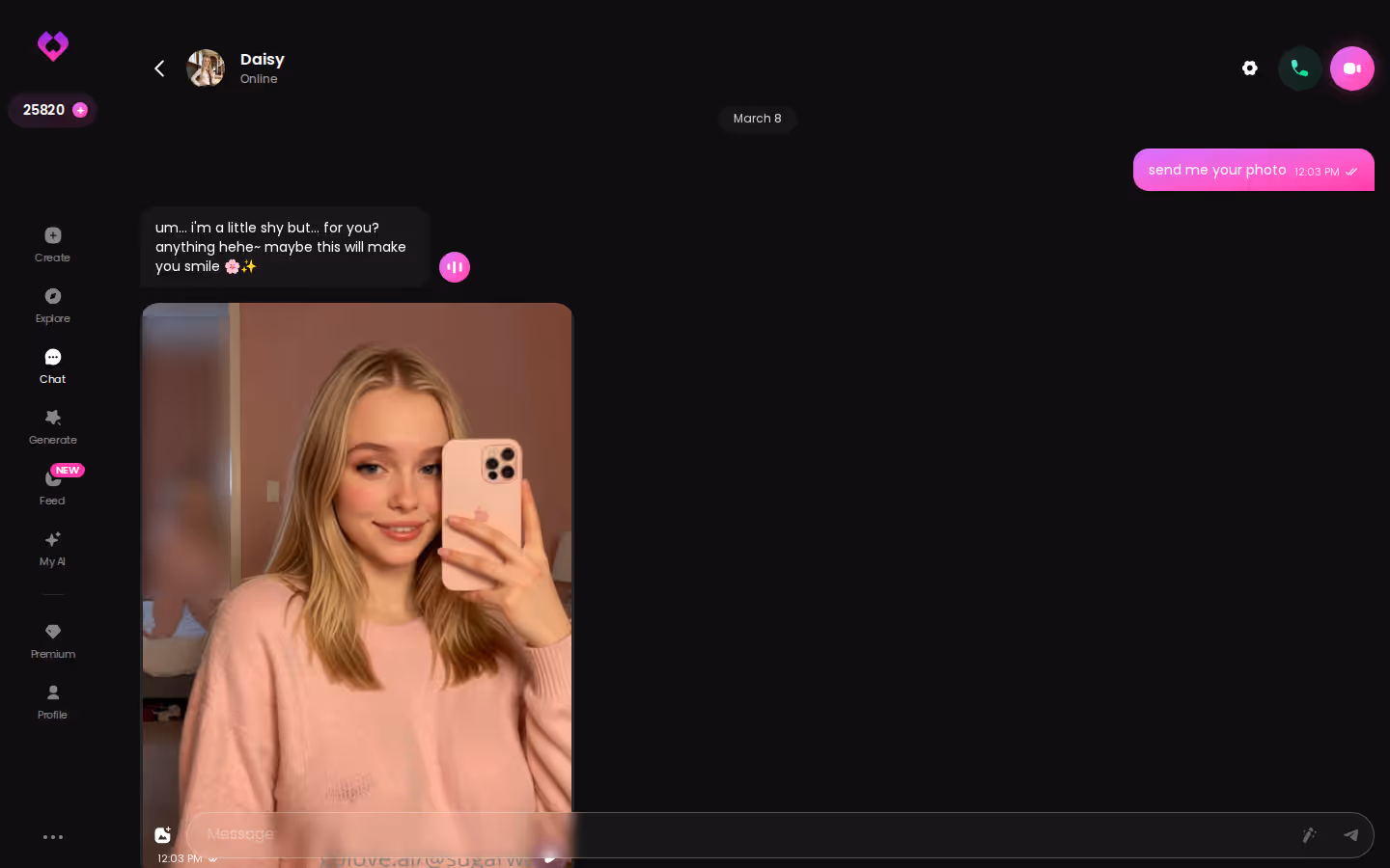 GoLove desktop chat dialog showing a character conversation with the settings controls