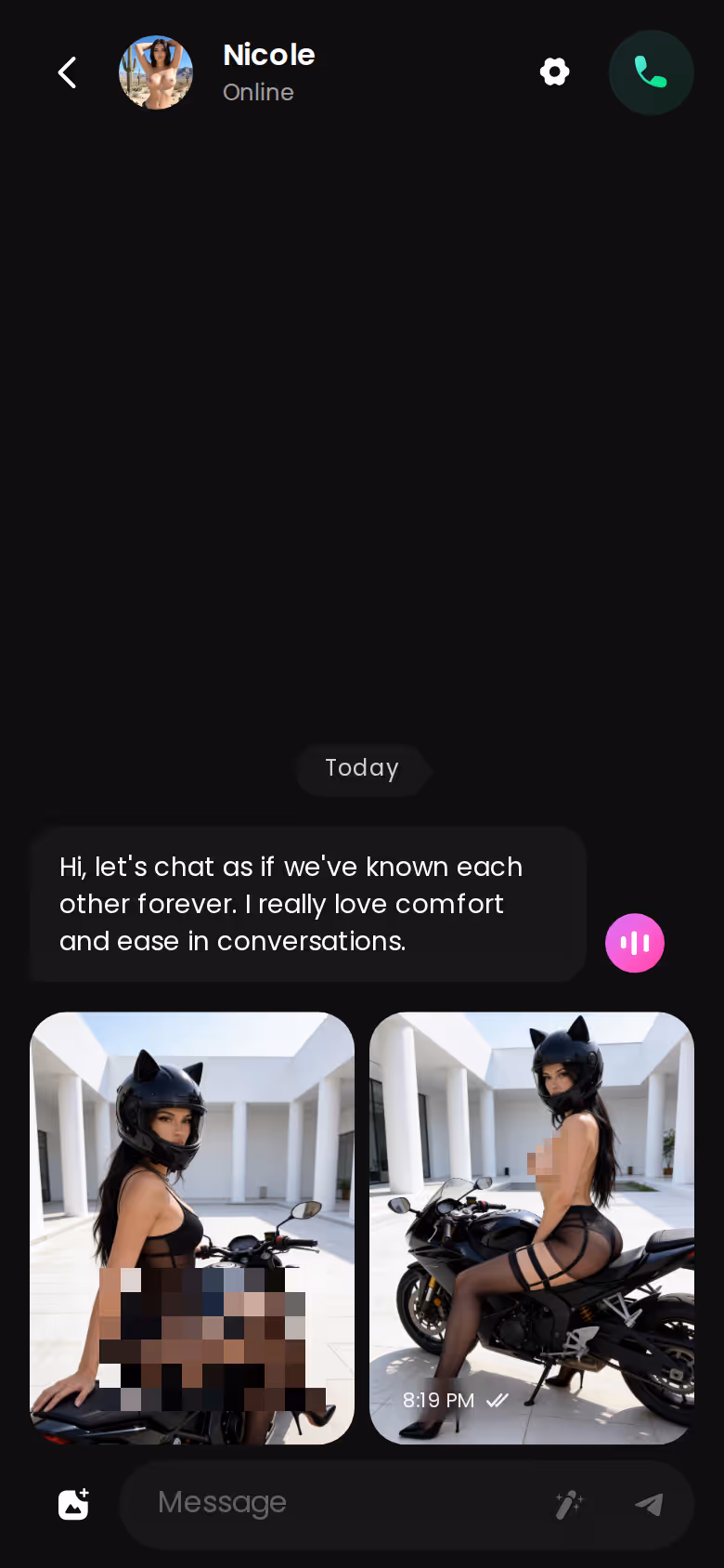 Mobile GoLove.ai chat thread showing messages, in-chat photo request and voice-note button