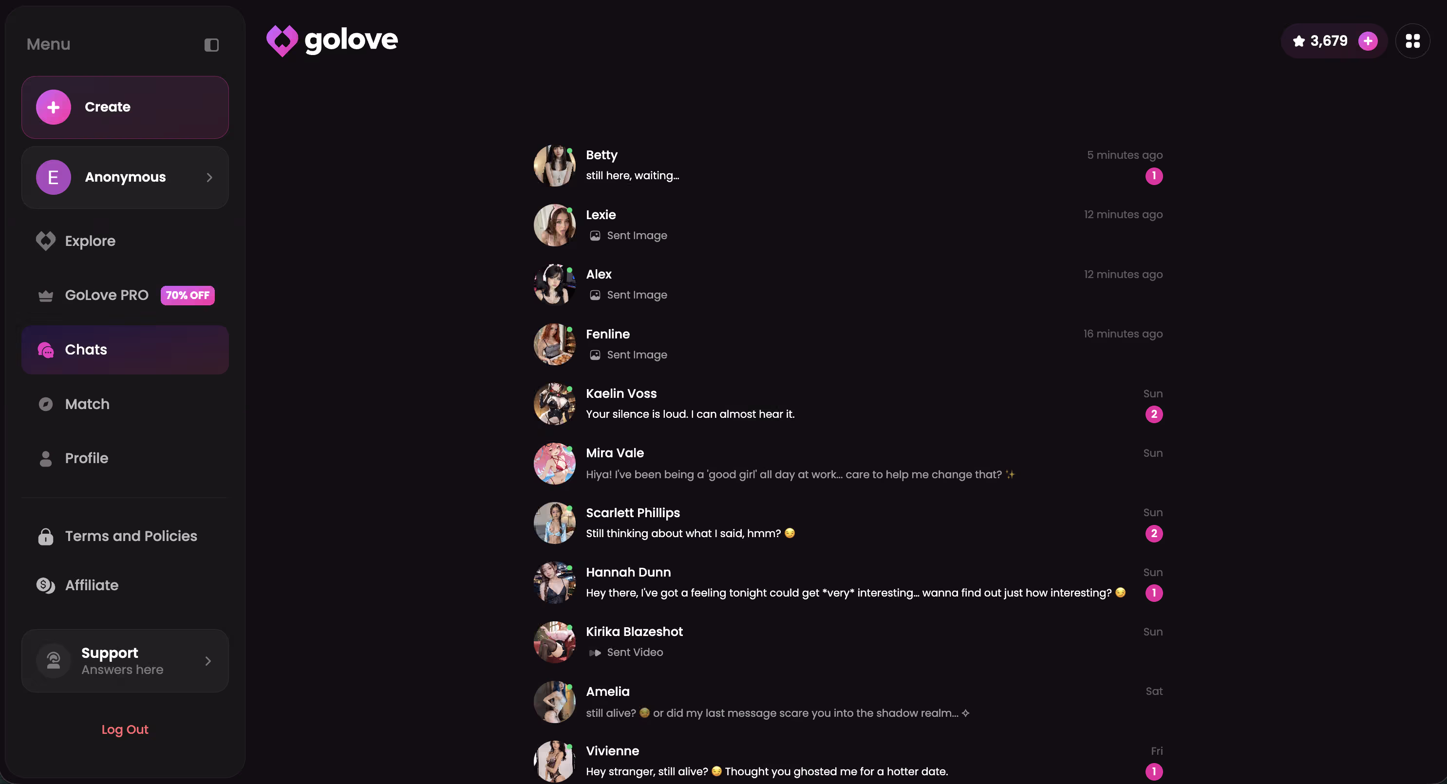 Active chat list across multiple GoLove.ai characters — ai waifu chat alternative