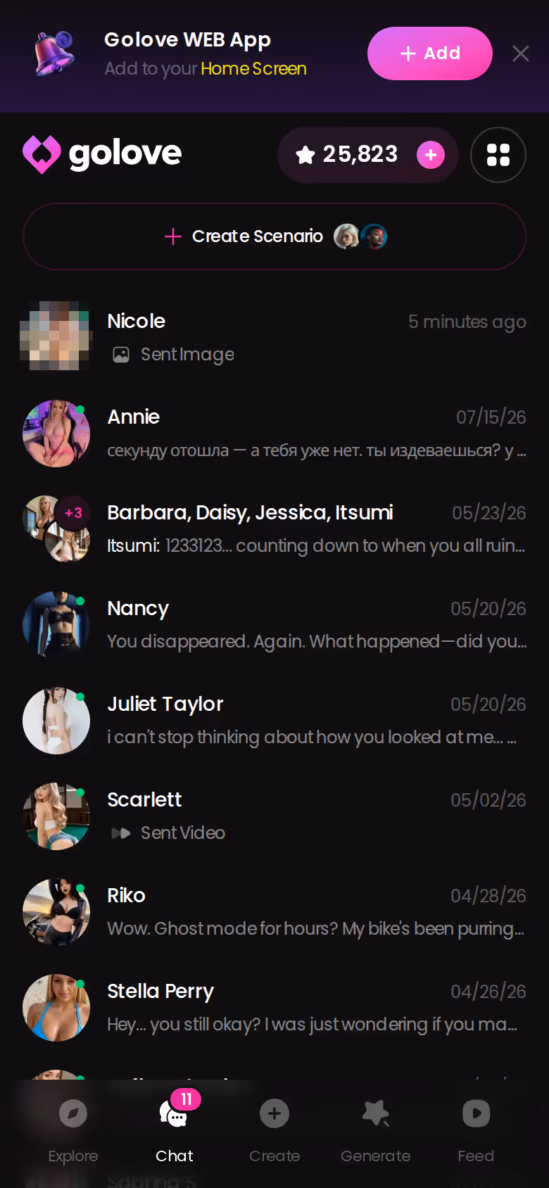 GoLove mobile chats list showing anime characters with last-message previews