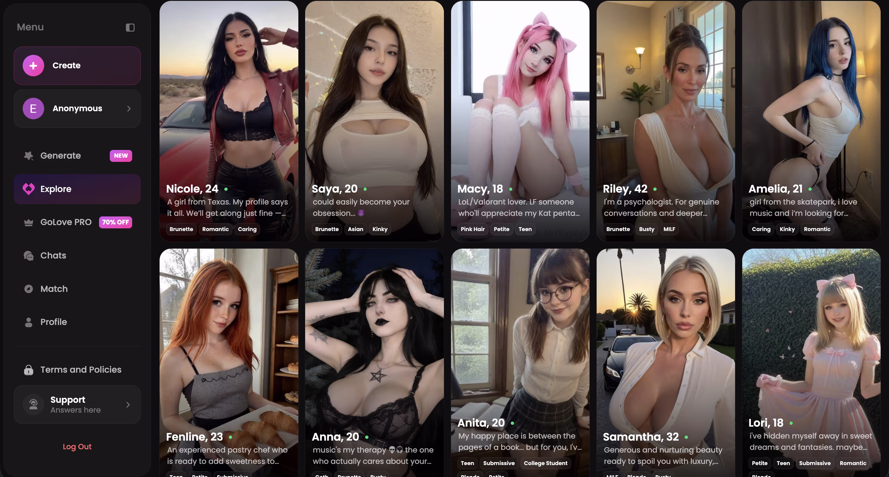browsing GoLove's personalized character and video feed