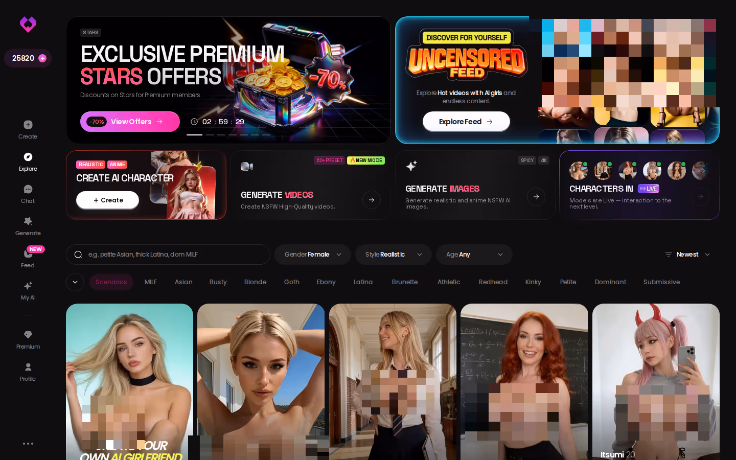 GoLove.ai Explore grid of realistic AI characters with tag chip filters along the top