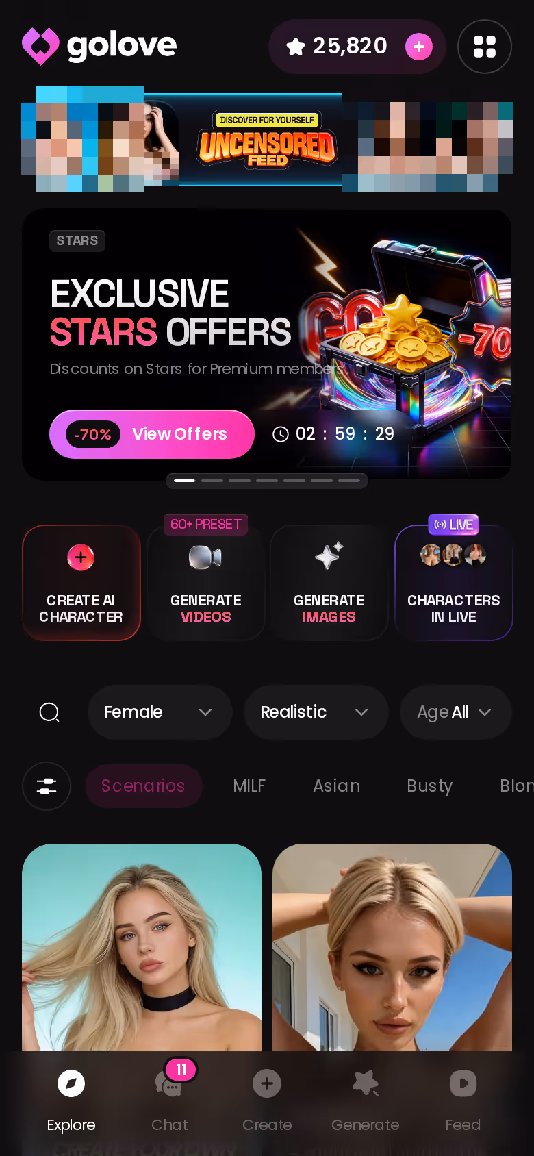 GoLove.ai Explore page on mobile, browsing characters before opening a chat