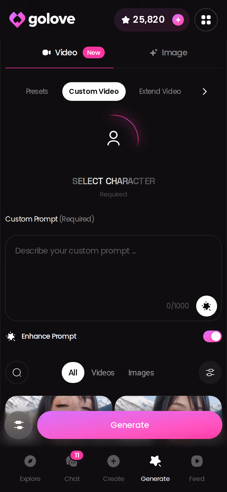 GoLove.ai Custom Video builder on mobile with action, clothes and background preset cards
