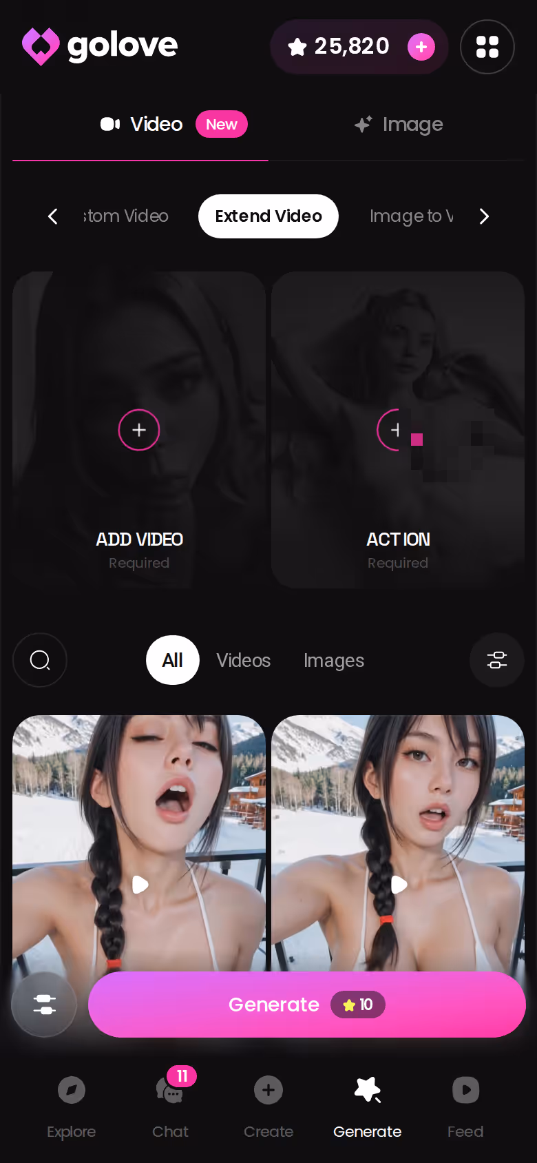 GoLove.ai Extend Video control on the mobile video generator