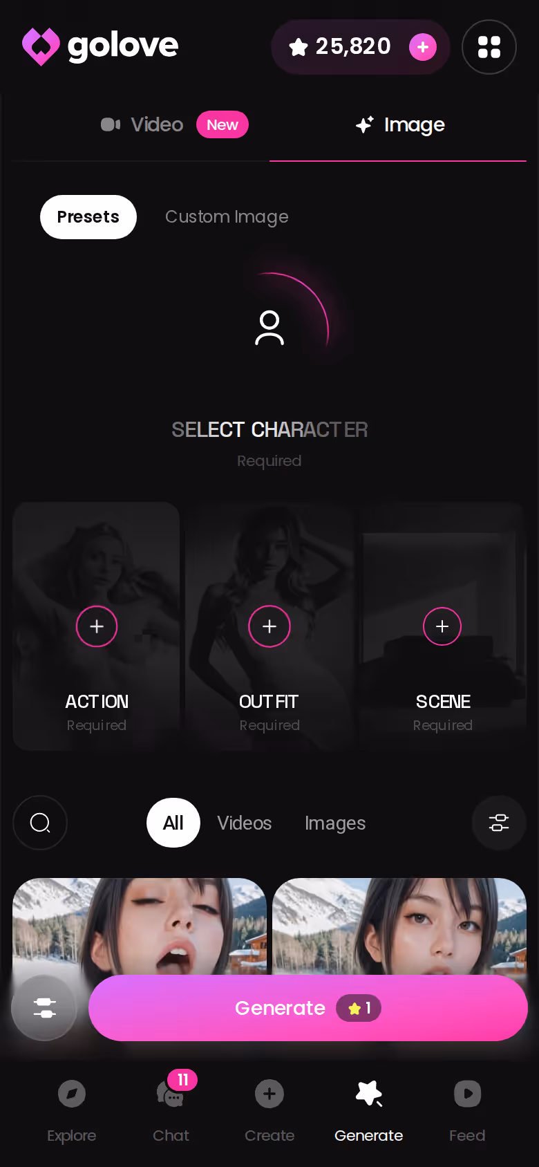 GoLove.ai image generator presets on mobile keeping a character's look locked