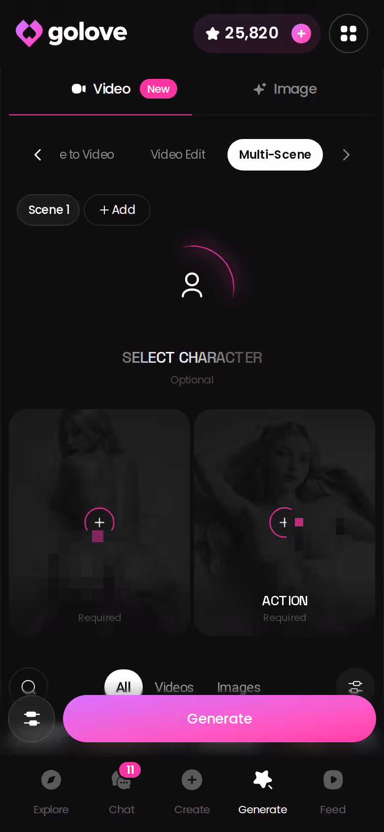 Mobile Multi Scene mode in the GoLove.ai video generator — ai hentai blowjob