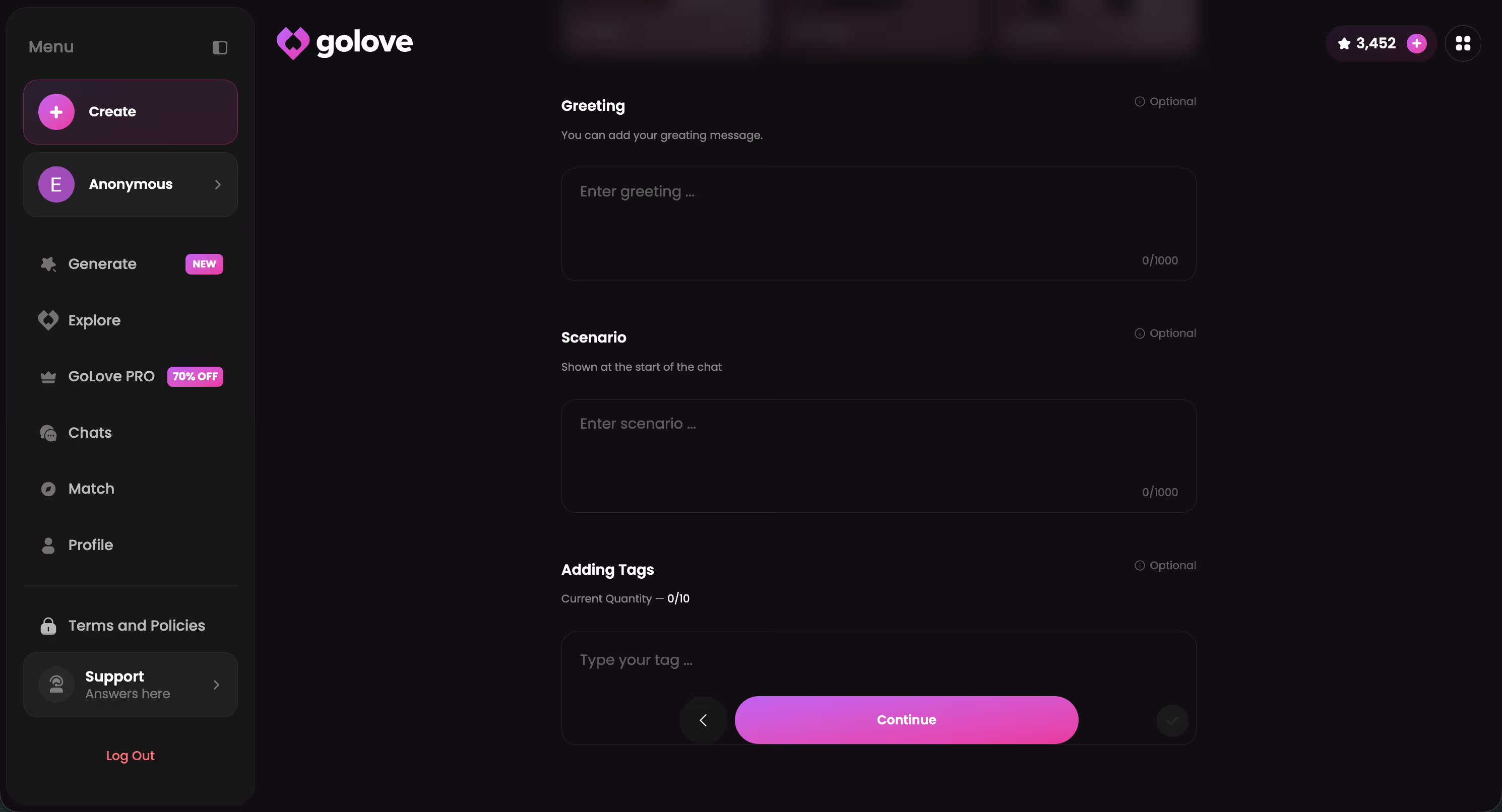 GoLove chat settings panel showing voice, memory, and photo options accessible at entry level